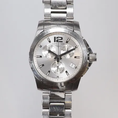 Herrur Longines Conquest, Ø41mm, quarz, datum, kronograf, stål, refnr: L36604, serienr: 37562562,, stållänk innermått Ø85mm, inga tillbehör, repig ej funktionstestad