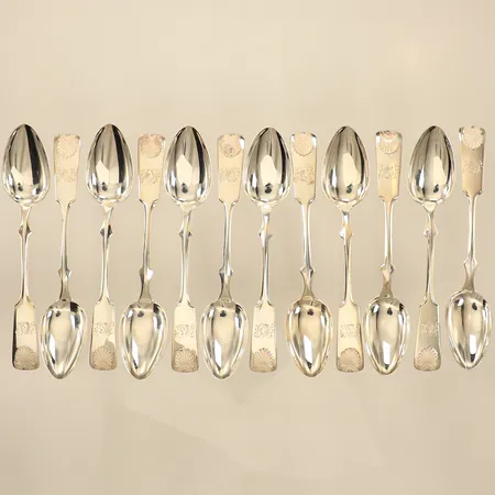 Tolv kaffeskedar, modell Snäcka, längd 11,5cm, gravyr, Finland, 813/1000 silver  Vikt: 97,2 g