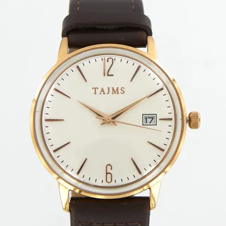 Herrur, Tajms, Ø39mm, quartz, datumfönster, rosefärgad metall, brunt läderband original, inga tillbehör, behov av batteribyte 