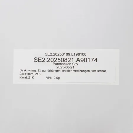 Ett par örhängen, creoler med hängen, vita stenar, 28x11mm, 21K Vikt: 2,9 g