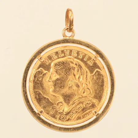Hänge med mynt, Helvetia 20 Fr 1935, Ø24,9mm, 21,6K, ögla och ram 18K, bruttovikt 8,3g Vikt: 8,3 g