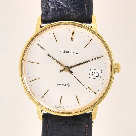 Herrur Certina, 18K, quartz, numrerad: 115.9199.68, Ø34mm, datum, grovt slitage på läderband, repigt glas, repig samt bucklig boett, defekt urtavla, fungerar ej, i behov av batteribyte, gravyr, inga tillbehör 