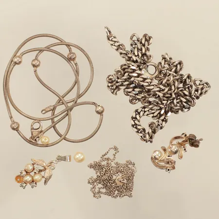 Diverse silversmycken, stenar, pärlor, ojämn, lös pärla, defekta, silver  Vikt: 32,2 g