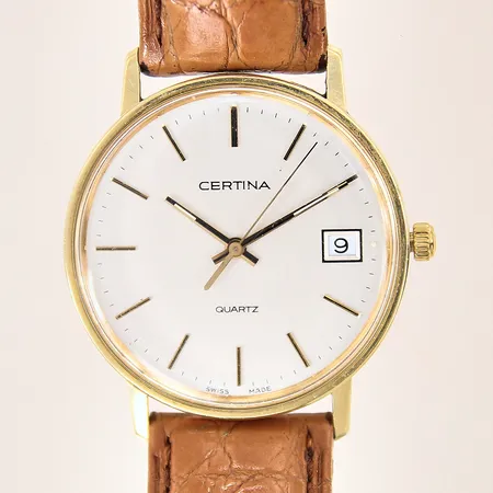 Herrur Certina, 14K, quartz, numrerad: EOL 115.9199.65, Ø34mm, läderband med slitage ej original, gravyr, glas samt boett med repor, fungerar ej, i behov av batteribyte, inga tillbehör
