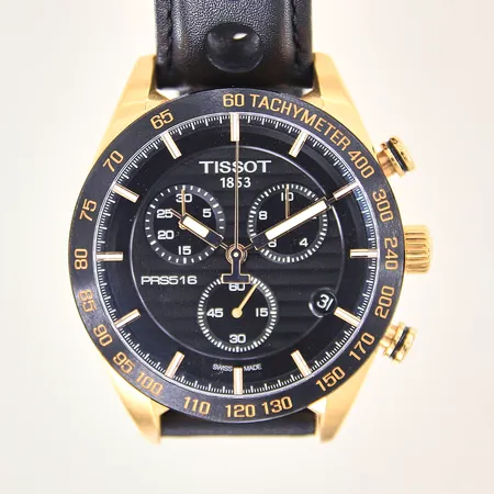 Herrur Tissot PRS516, stål/doublé, quartz, ref-nr:T100417A, serie-nr:Y34 ZJR BVF, Ø42mm, datum, kronograf, läderband, safirglas, viklås stål/doublé, manual, box, ytterkartong, går ej, behov av batteribyte