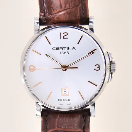 Herrur, Certina DS Caimano, stål, quartz, ref-nr: C017410A, serie-nr: RSAJNKPBV, Ø38mm, safirglas, datum, läderband original med slitage, något repig boett, box, ytterkartong, certifikat