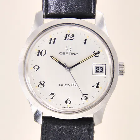 Herrur Certina, Bristol 228, stål, manuell, boett-nr: 852377741, datum, Ø35mm, svart läderband med slitage, repigt glas, inga tillbehör
