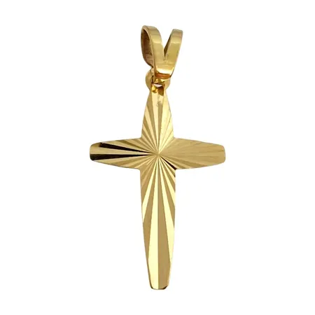 Hänge Kors, 18K guld, mönstrad modell, svensk kontrollstämpel, längd inkl. ögla 24 mm, bredd 12 mm, fint skick Vikt: 0,6 g