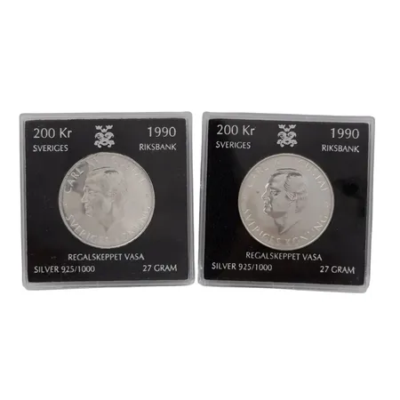 Minnesmynt 200 kronor, 2 stycken, silver 925/1000, "REGALSKEPPET VASA", 1990, Ø36 mm, förvaras i originaletui, fina ex Vikt: 54 g