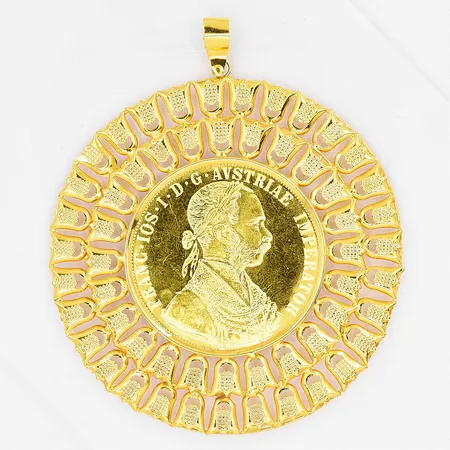 Hänge myntliknande, ca Ø 71mm, Franc IOS I D G Avstriae Imperator, 1915, 21K, ram 14K Vikt: 21,4 g