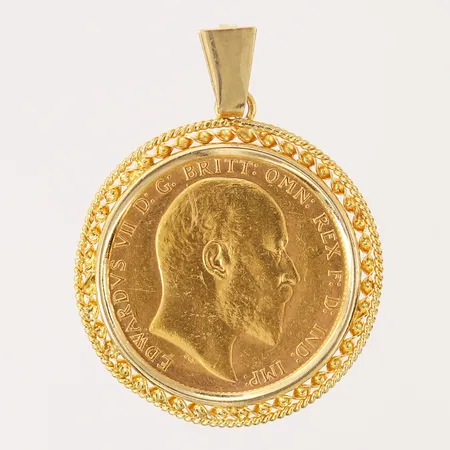 Hänge med mynt 1 Sovereign Edward VII 1908, Ø22mm, fattning i 14K, 22K.  Vikt: 9,9 g