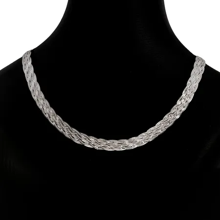 Halsband, flätad modell, silver 925/1000, Guldfynd, längd 42,5-47,5 cm, bredd 8,5 mm, fint skick, förefaller sparsamt använd  Vikt: 10,9 g