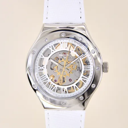 Armbandsur Swatch Rosetta Bianca, stål, automatisk, ref-nr: YAS019, serie-nr: AV22, Ø37,4mm, plastglas, dekorerad boett med vita stenar, vitt läderband original, glasbaksida, plastetui, manual