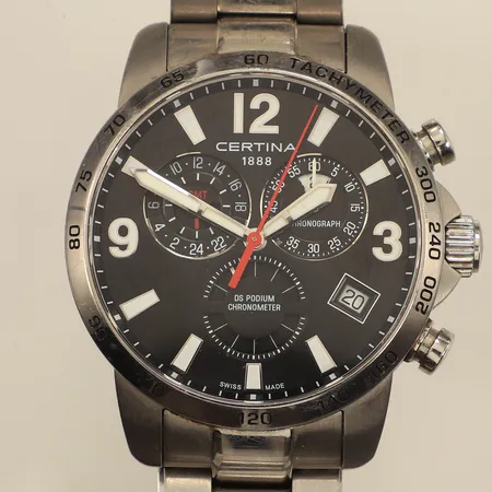 Armbandsur, Certina DS Podium GMT, Ø42mm, stål, quartz, batteribyte behövs, datum, ref-nr C034654 A, serie-nr SLQNM4YA9, repig, originallänk i stål, viklås, längd 19cm, två extra länkbitar, garantikort -2020, box, ytterkartong