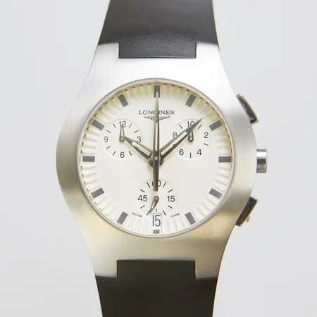 Herrur Longines Oposition, stål, quartz, 38mm, ref: L3.618.4 snr: 30196815, datum,  gummiband, dubbelviklås, inga tillbehör. Vikt: 0 g