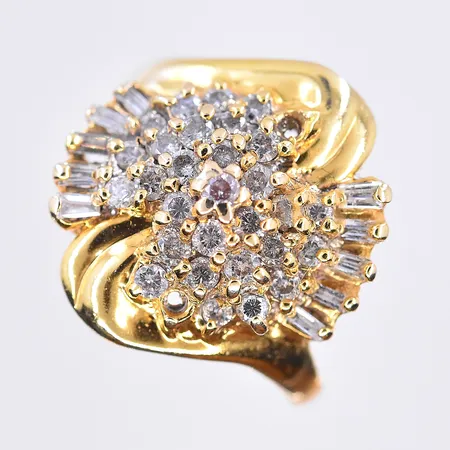 Ring med diamanter 29x0,03ct och 10 st baguetteslipad diamanter, stl 17½, bredd 2-20 mm, 2 diamanter saknas, 14K. Vikt: 8,3 g