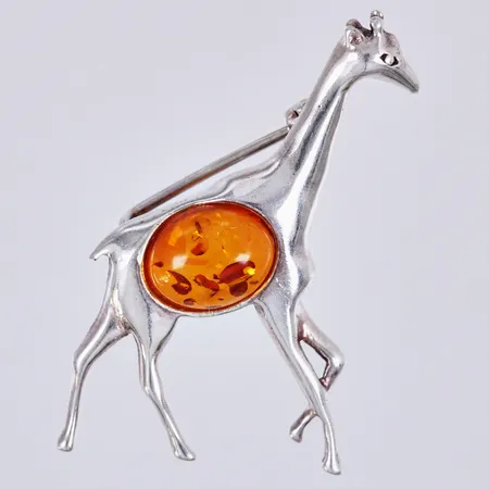 Brosch giraff med bärnsten, längd: ca 3,5cm, bredd: ca 22mm, 925/1000, silver Vikt: 3,5 g