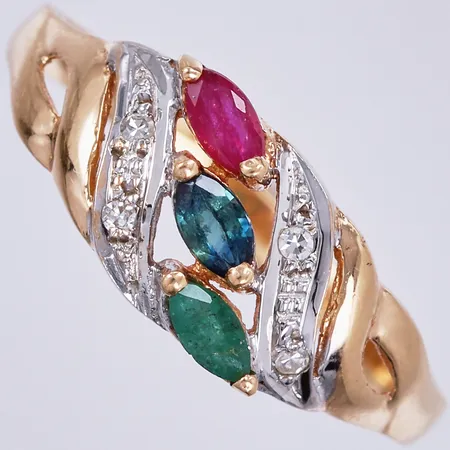 Ring med diamanter ca 4x0,001ct samt olikfärgade stenar, stl: 17¾, bredd: ca 2-7mm, 18K Vikt: 1,7 g