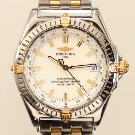 Armbandsur, Breitling Wings, Ø38mm, stål/guld raiders, automat, datum, referens nummer B10350, serie nummer 214996, Pilotlänk stål/guld, längd 16cm, inga övriga tillbehör 