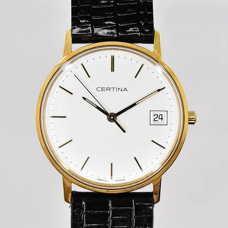 Herrur Certina, 18K, Ø 33,5mm, datum, quartz, står still, graverad boett, läderband, box