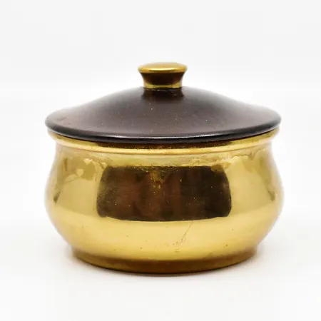 Skål med trälock, Skultuna 1607, U10, höjd ca 7cm, Ø 9cm, fläckig, bruksskick