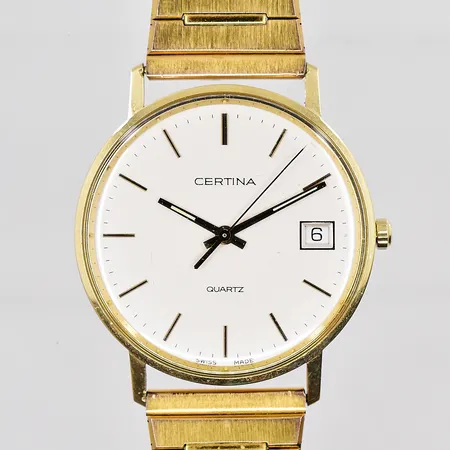 Herrur Certina, 14K, Ø 33,5mm, quartz, står still, datum, graverad boett, förgylld stållänk, box
