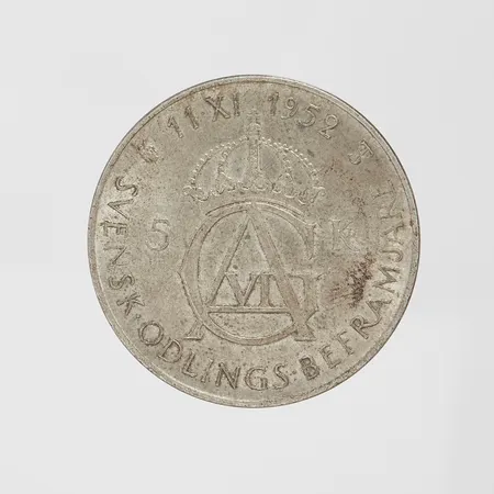 Silvermynt, Ø35,9mm, 5kr, jubileum Gustav VI Adolfs 70-årsdag 1952, 400/1000 Vikt: 22,8 g