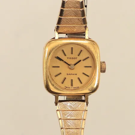 Damur, Tissot Saphir, 18K, 17X17cm, manuell, defekt, flexarmband i metall, bruttovikt 21,3g 