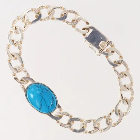 Armband med blå och vita stenar, längd 22cm, bredd 9,5-16,5mm, en sten saknas, silver 925/1000.  Vikt: 33 g