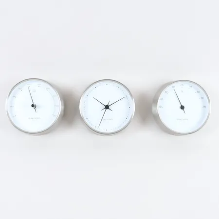 Väggklocka, Barometer samt Hygrometer, Georg Jensen, ur serien Koppel, formgiven av Henning Koppel, Ø 10 cm, rostfritt stål och glas, inga tillbehör. Vikt: 0 g