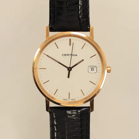 Armbandsur, Certina, 18K, Ø33mm, quartz, batteribyte behövs, datum, safirglas, gravyr, läderarmband, manual originalask, bruttovikt 30,4g