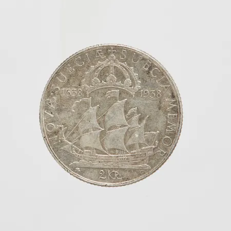 Silvermynt, Ø30,9mm, 2kr, 300-årsjubileum av kolonin Nya Sverige i Delaware USA 1938, 800/1000 Vikt: 15 g