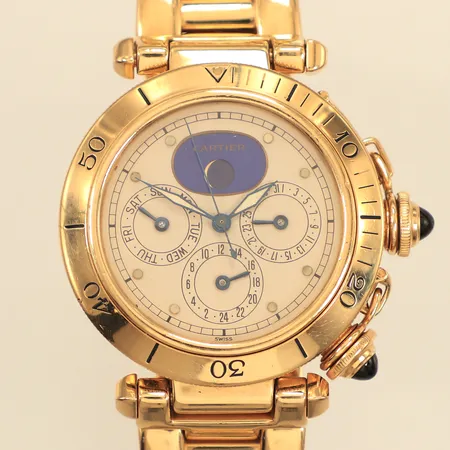 Armbandsur, Cartier Pasha 18K, quartz, Ø38mm, dag/datum, GMT, referens nummer 30002, 1987, 0236, originallänk 18K, viklås, längd 18cm, repig, inga övriga tillbehör, bruttovikt 154g