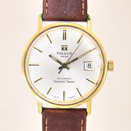 Herrur Tissot, 18K, automat, Ø34mm, läderband ej original, datum, boett samt glas med repor, gravyr, inga tillbehör 