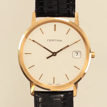 Armbandsur Certina, 14K, Ø33mm, quartz, datum, gravyr, läderarmband, inga övriga tillbehör, bruttovikt 29,4g