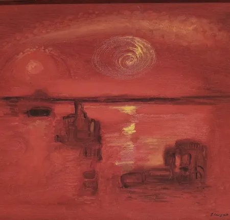 Tavla, olja på duk, "Rött hav", Jerzy Luczak-Szewczyk, signerad, mått 49x60cm, ramad Skickas med postpaket.