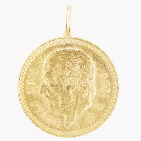 Hänge med guldmynt, Mexiko, 10 Pesos, år 1959, Ø 23mm, 21,6K guld, vikt 8,1 gram,  ögla i 18K guld, vikt 0,5 gram, total vikt 8,6 gram Vikt: 8,5 g