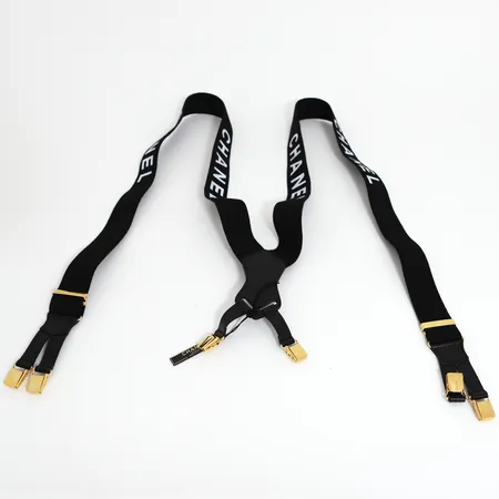 Hängslen Chanel, justerbar storlek, svarta med guldfärgade beslag, Made in France, box medföljer