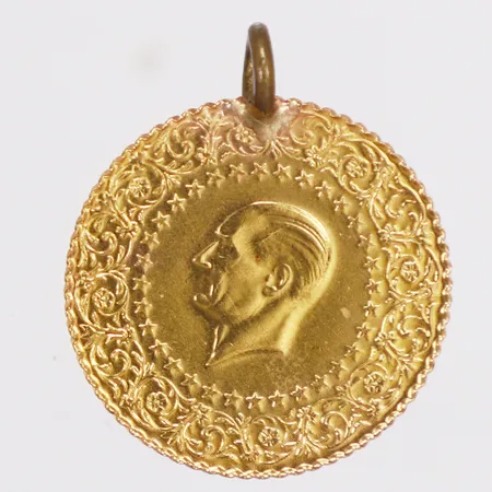 Hänge, mynt Attaturk år 2015, Ø18mm, ögla ej i guld, 21,6K, bruttovikt: 1,8g 