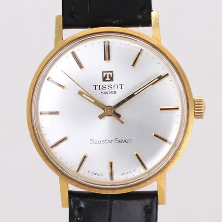 Herrur, Tissot Seastar Seven, 18K, 33,5mm, manuell, plexiglas, svart läderband, gravyr, inga tillbehör 