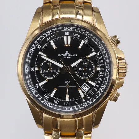 Herrur Jaques Lemans Ø45mm ref 1-2117, quartz, datum, kronograf, med stållänk, med repor, med box, klockverktyg och extra läderband 