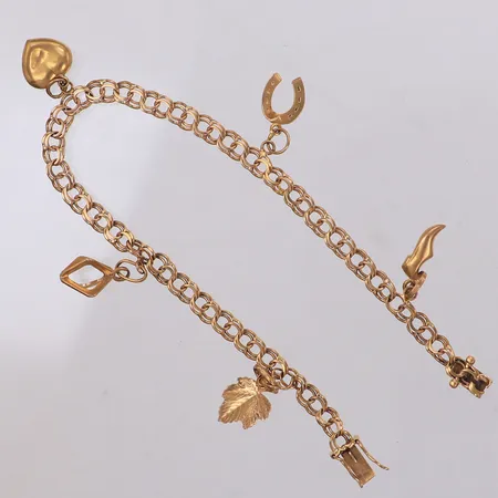 Armband Bismarck, 19cm, bredd: 4,3mm, 5 Berlocker, slitna länkar, bucklor, 18K Vikt: 8 g