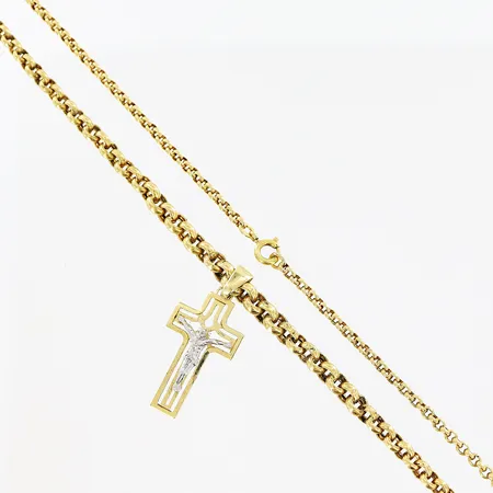 Collier doserad Ärtlänk, 44cm, bredd 2-4,5mm, hänge, ej avtagbart, krucifix, 33x15mm, defekt lås, 18K. Vikt: 9,1 g