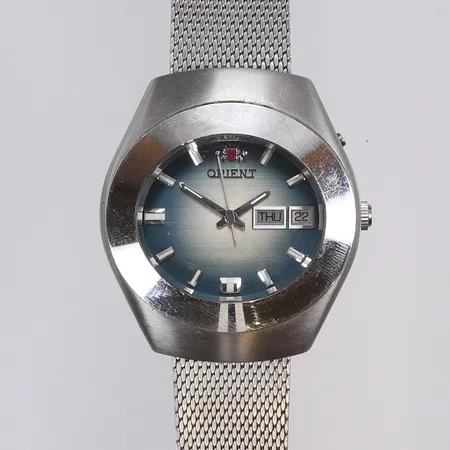 Herrur Orient Crystal 27 Jewels Ø38mm, ref nr Y429-63640, dag/datum, automat, meshlänk (original), repor 