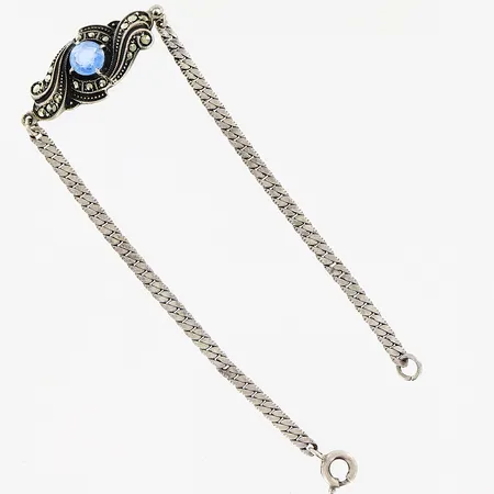 Armband med blå sten och markasiter, 19cm, bredd 3-12mm, skevheter på länken slitage på sten, svensk importstämpel, silver 935/1000. Vikt: 5,4 g