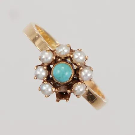 Ring med pärlor och turkos sten, stl 18, bredd 3,4-1,8, fattning Ø10,3mm, en pärla saknas, gravyr, 18K,  Vikt: 3,8 g