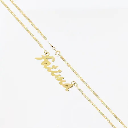Collier med namn Fatima, 43,2cm, bredd 1,3-15mm, skevheter, 18K. Vikt: 3,3 g