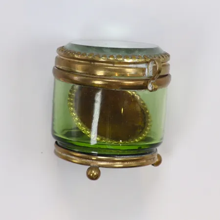 Klockgömma i glas och gulmetall, höjd 6,3cm, slitage, 18/1900-tal 
