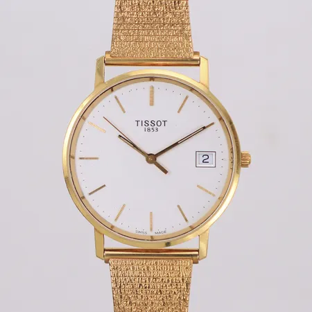 Herrur, Tissot, 18K, quartz (går ej), 33,5mm, datum, nit- och redlighetsgravyr, länk i guldfärgat stål, inga tillbehör 