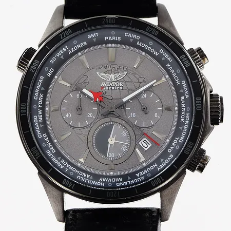 Herrur Aviator, F-series, stål, quartz, Ø43mm, grå urtavla, datum, sekundvisare, svart band  25cm, inga tillbehör.